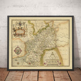 Rare ancienne carte de Gloucestershire, 1575 par Saxton - Bristol, Cheltenham, Cotswolds, Tewkesbury, Cirencester, Stroud