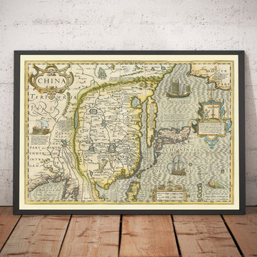 Antiguo mapa de China, 1606 por Jodocus Hondius - Corea, Japón, Gran Muralla, Sudeste Asiático, Oriente, Extraños Monstruos Marinos