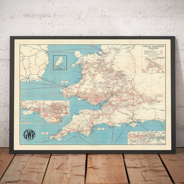 Antiguo mapa del Great Western Railway, 1950 - Recortes previos a Beeching GWR - Líneas principales, Gales del Sur, West Country, Paddington
