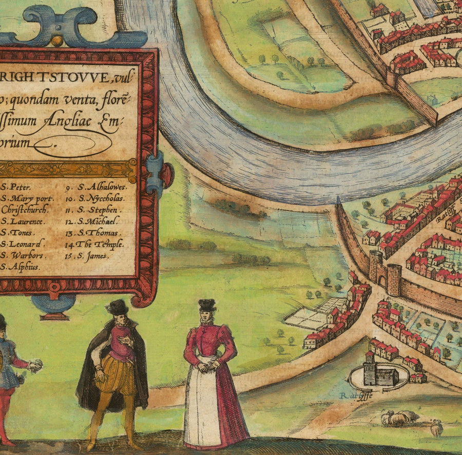 Mappa antica di Bristol, 1588 di Braun - Brightstowe, Avon, San Nicola, Newgate, Stemma 
