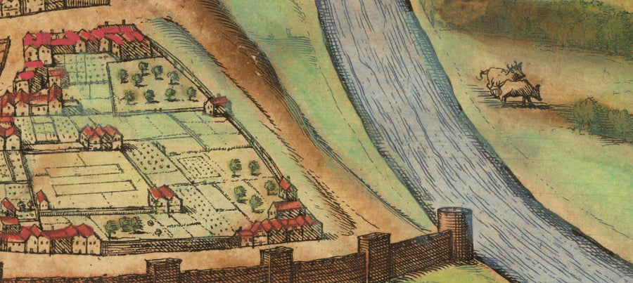 Mappa antica di Bristol, 1588 di Braun - Brightstowe, Avon, San Nicola, Newgate, Stemma 