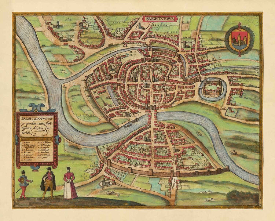 Mappa antica di Bristol, 1588 di Braun - Brightstowe, Avon, San Nicola, Newgate, Stemma 