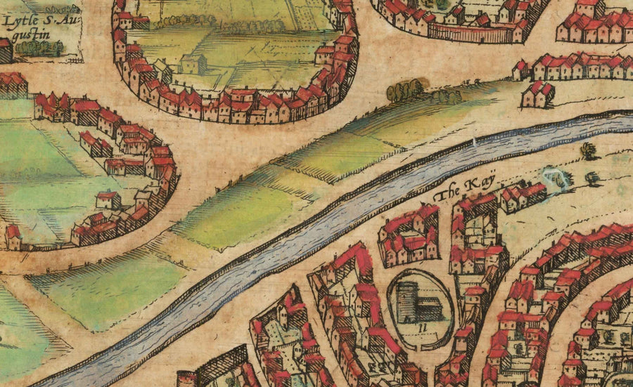 Mappa antica di Bristol, 1588 di Braun - Brightstowe, Avon, San Nicola, Newgate, Stemma 