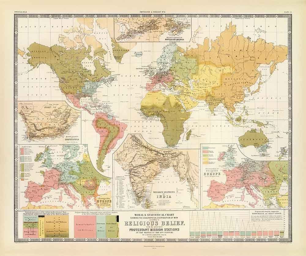 Antiguo mapa mundial de las religiones, 1854 - Creencias religiosas en el siglo XIX - Budistas, protestantes, católicos, musulmanes, judíos, paganos
