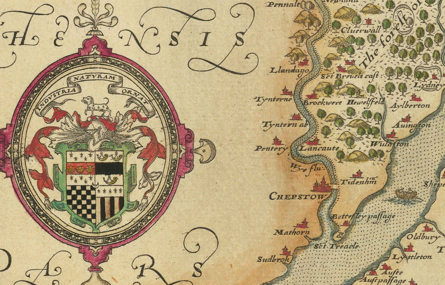 Rara Mappa Antica del Gloucestershire, 1575 di Saxton - Bristol, Cheltenham, Cotswolds, Tewkesbury, Cirencester, Stroud 