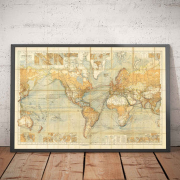 Old Shipping Lanes World Map, 1873 par Berghaus - Giant Atlas Chart - Transport en mer, chemins de fer, ports, bateaux à vapeur