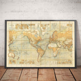 Antiguo mapa del mundo de las rutas marítimas, 1873 de Berghaus - Carta del Atlas Gigante - Transporte marítimo, ferrocarriles, puertos, barcos de vapor
