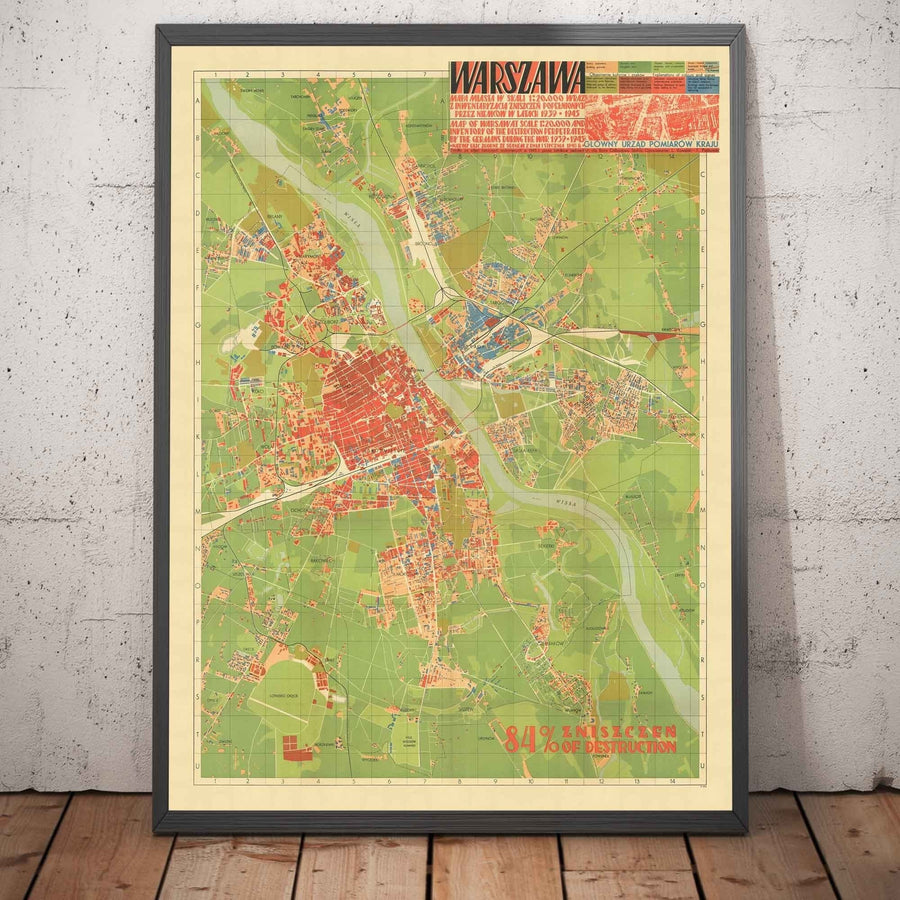 Old Map of the Nazi Destruction of Varsovie, 1949 - Cente censuré Soviétique WW2 - Old Town, Ghetto, Muranow, Praga
