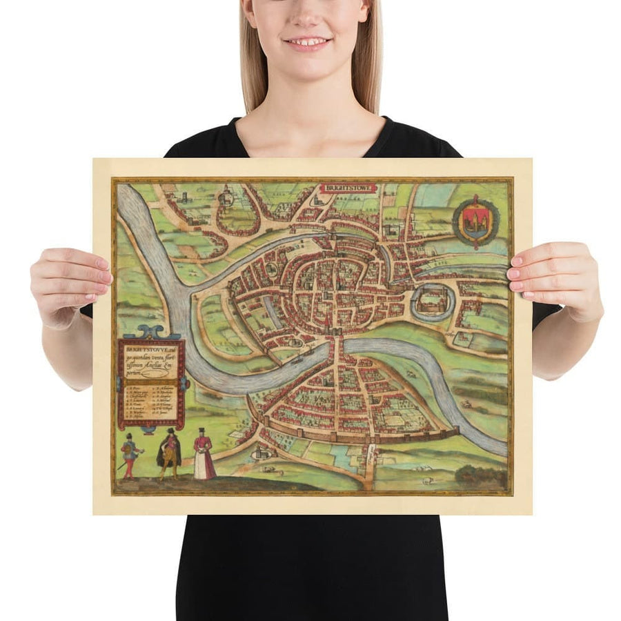 Mappa antica di Bristol, 1588 di Braun - Brightstowe, Avon, San Nicola, Newgate, Stemma 