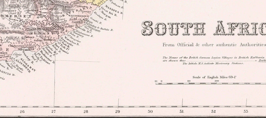 Vecchia mappa del Sudafrica, 1860 - Colonia britannica e olandese del Capo - Durban, Pretoria, Città del Capo, Botswana, Namibia 