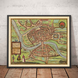 Mapa antiguo de Bristol, 1588 por Braun - Brightstowe, Avon, St Nicholas, Newgate, Escudo de armas
