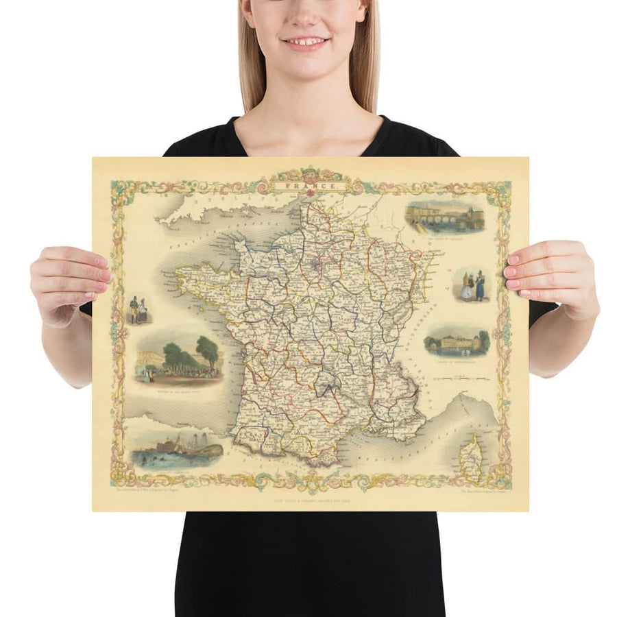 Mapa antiguo de Francia, 1851 por Tallis & Rapkin - París, Calais, Toulouse, Niza, Burdeos, Departamentos y Condados