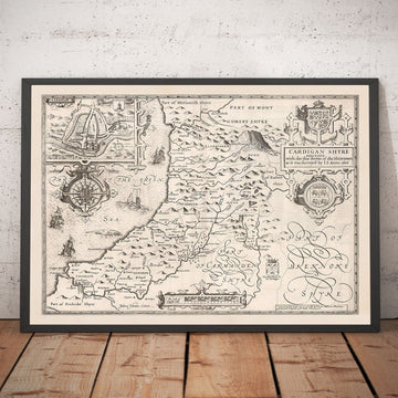 Alter monochromer Karte von Ceredigion, Wales, 1611 von John Speed - Aberystwyth, Cardigan, Aberporth, Aberarth 