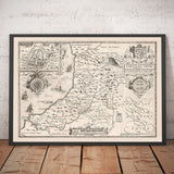Old monochrome Carte of Ceredigion, Wales, 1611 par John Speed ​​- Aberystwyth, Cardigan, Aberporth, Aberarth