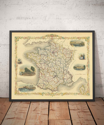Mappa Antica della Francia, 1851 di Tallis & Rapkin - Parigi, Calais, Tolosa, Nizza, Bordeaux, Dipartimenti e Contee 