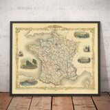 Mapa antiguo de Francia, 1851 por Tallis & Rapkin - París, Calais, Toulouse, Niza, Burdeos, Departamentos y Condados