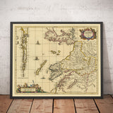 Antiguo mapa de las Hébridas interiores y exteriores, Mull y Skye, 1690 - Lochaber, Uist, Harris, Barra, Islas, Lagos