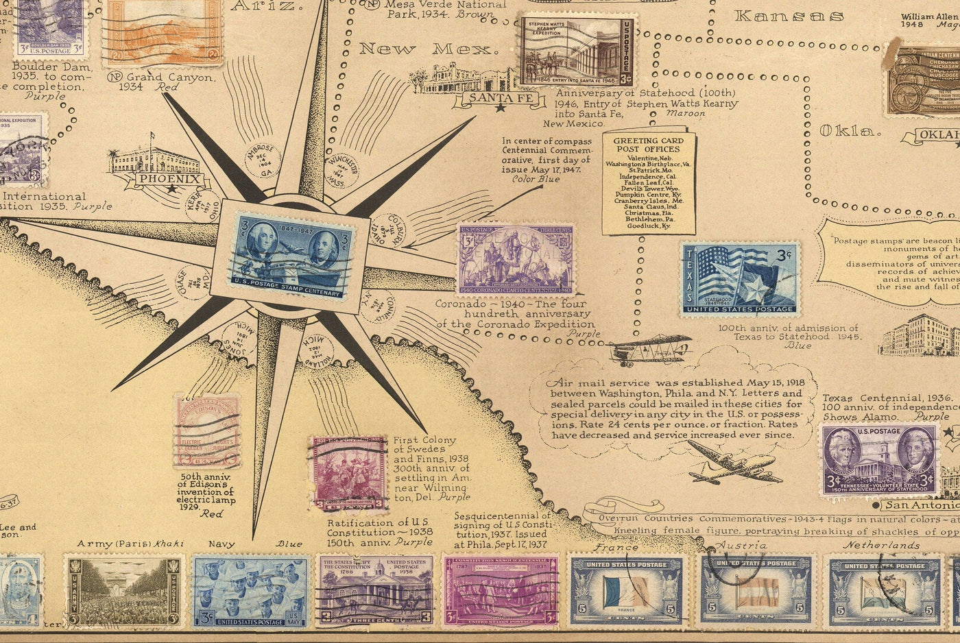 Old Stamp Map of the USA par E. Chase, 1949 - Historical United States Post Office - Présidents, points de repère, collectionneur