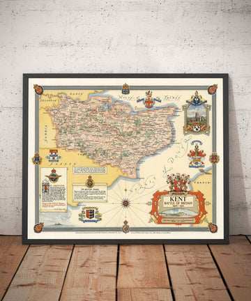 Alte Karte von Kent von Ernest Clegg, 1947 - Canterbury, Zweiter Weltkrieg, Churchill, Schlacht um Großbritannien, Dover, Sevenoaks 
