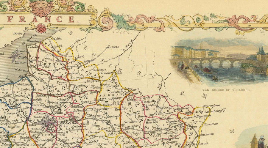 Mapa antiguo de Francia, 1851 por Tallis & Rapkin - París, Calais, Toulouse, Niza, Burdeos, Departamentos y Condados