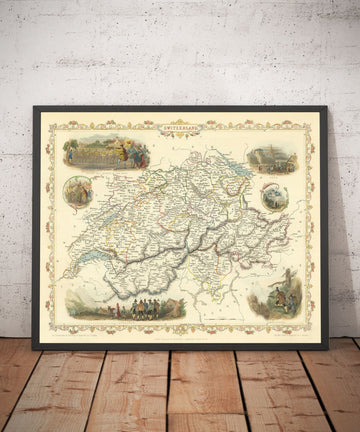 Ancienne carte de la Suisse, 1851, coloriée à la main - Berne, Zurich, Cantons, Genève, Lacs, Zermatt, Guillaume Tell