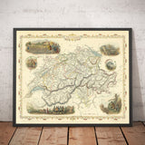 Antiguo mapa coloreado a mano de Suiza, 1851 - Berna, Zúrich, Cantones, Ginebra, Lagos, Zermatt, Guillermo Tell