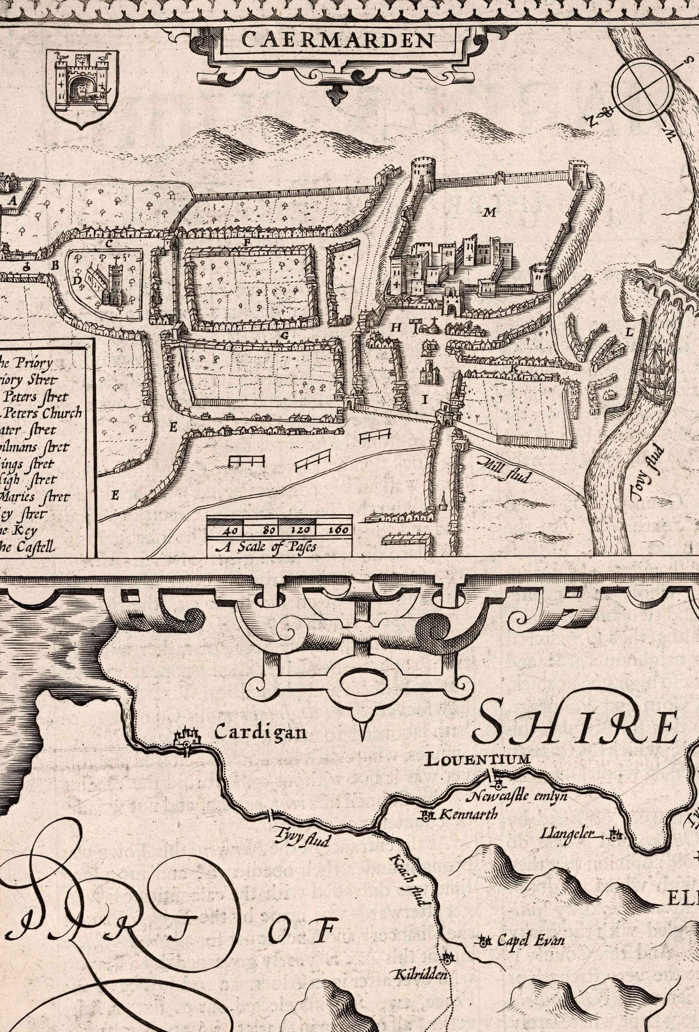 Alte monochrome Karte von Carmarthenshire Wales, 1611 von John Speed ​​- Carmarthen, Llanelli, Llandovery, Ammanford