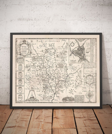 Alte monochrome Karte von Worcestershire, 1611 von John Speed - Worcester, Bromsgrove, Kidderminster, Malvern, Droitwich 