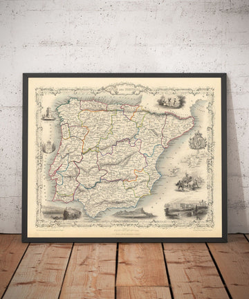 Alte Karte von Spanien und Portugal, 1851 - Viktorianische Illustrationen - Katalonien, Madrid, Lissabon, Gibraltar, Andalusien 