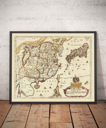 Old Map of China and East Asia, 1669 by Blome - Great Wall, Cantons, Korea, Japan, Vietnam, Thailand, Cambodia