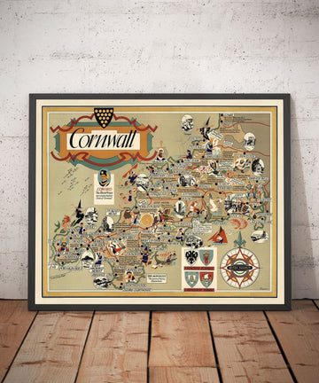 Antiguo mapa pictórico de Cornualles, 1950 por Bowyer - Ferrocarril británico, St Ives, Newquay, Plymouth, Truro, West Country
