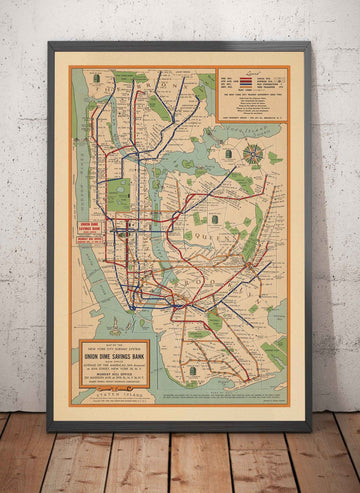 Antiguo mapa del metro de Nueva York, 1954 por Voorhies - Líneas de tren de Queens, Brooklyn, Manhattan, IND, IRT, BMT