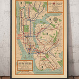 Antiguo mapa del metro de Nueva York, 1954 por Voorhies - Líneas de tren de Queens, Brooklyn, Manhattan, IND, IRT, BMT