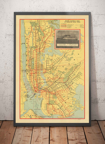 Old Subway Map of New York City in 1927 - Queens, Brooklyn, Railway, Manhattan, INT, BMT, Interboro Elevated Rail
