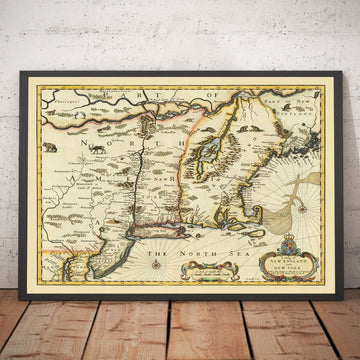 Old Map of New York & New England, 1676 by John Speed - East Coast US, New Jersey, Massachusetts, British Colonies