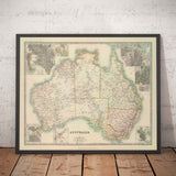 Mapa antiguo de Australia, 1911 por Johnston - NSW, Sydney, Queensland, Brisbane, Melbourne, Adelaide, Perth, Hobart