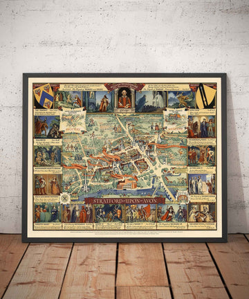 Vecchia Mappa Pittorica di Stratford Upon Avon, 1948 di Kerry Lee - Shakespeare, Teatro, Opere, Casa di Nash, Luoghi Letterari del Poeta 