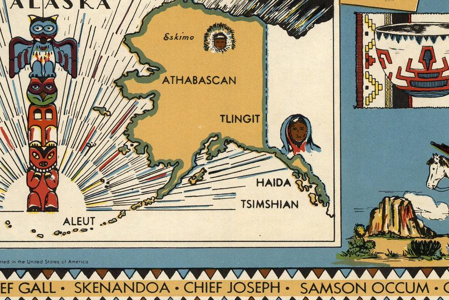 Mappa antica dei nativi americani, 1944 - Indiani degli USA: Localizzazione storica delle tribù Navajo, Cherokee, Chippewa, Sioux, Choctaw, Apache e altro 