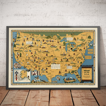 Ancienne carte des Amérindiens, 1944 - Indiens des États-Unis: Tribu historique Lieux de Navajo, Cherokee, Chippewa, Sioux, Choctaw, Apache et plus