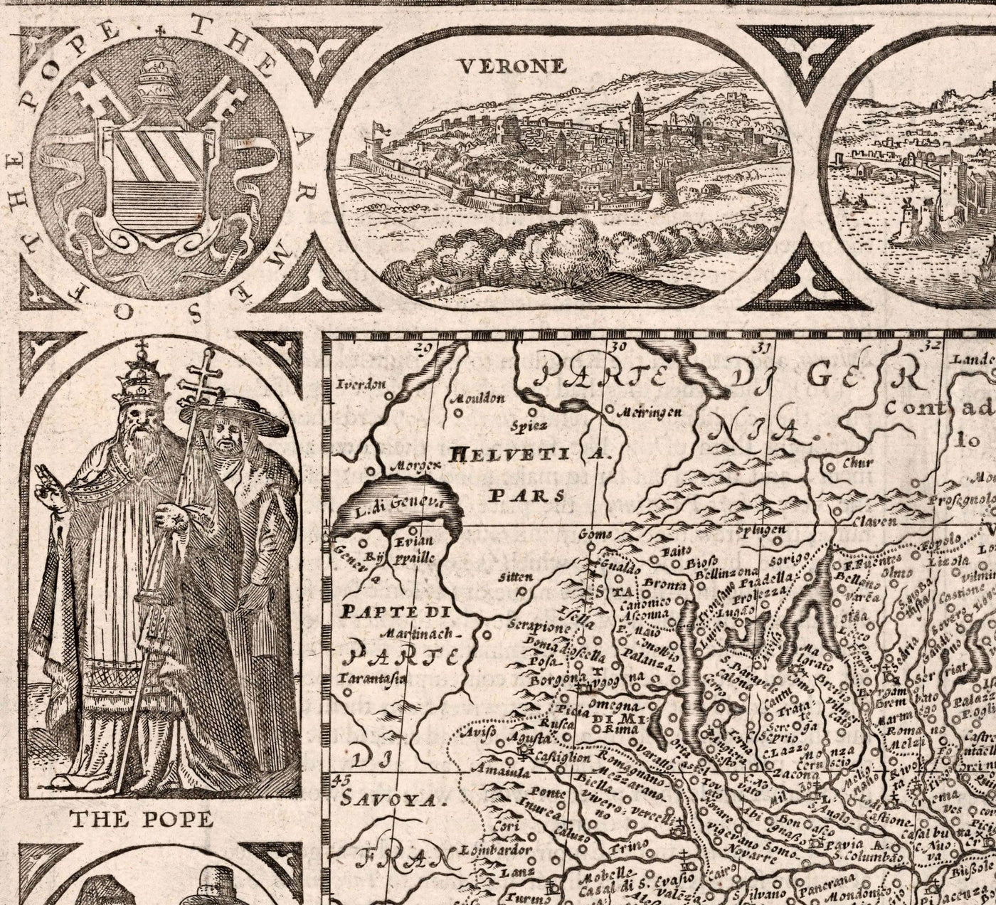 Mapa monocromático viejo de Italia, 1627 por John Speed ​​- Córcega, Cerdeña, Sicilia, Venecia, Roma, el Papa