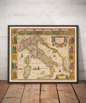 Viejo mapa a mano de Italia, 1627 por John Speed ​​- Córcega, Cerdeña, Sicilia, Venecia, Roma, el Papa