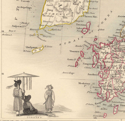 Mapa antiguo de Japón y Corea, 1851 por Tallis y Rapkin - Kyushu, Honshu, Shikoku, Hokkaido, Tokio, Seúl