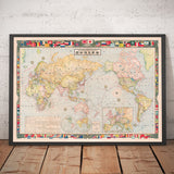Alte japanische Weltkarte, 1910 - Großer seltener Atlas - Japan, Schifffahrtsrouten, Strömungen, Handelsmarine, Eisenbahnen 