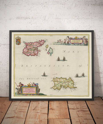 Mappa antica di Jersey e Guernsey, 1665 di Blaeu - Isole della Manica, Bailiwicks e Dipendenze della Corona, St Helier, Saint Peter Port 