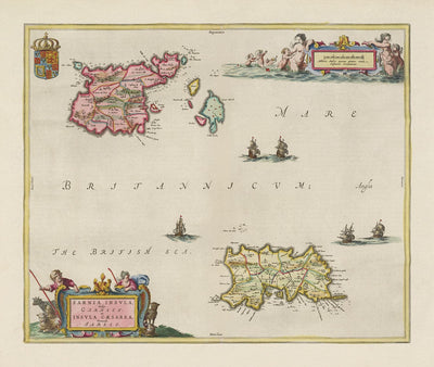 Mapa antiguo de Jersey y Guernsey, 1665 por Blaeu - Islas de Channel Ingles, Bailiwicks y Crown Dependencies, St Helier, Puerto de San Pedro