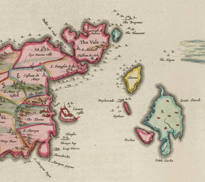 Mapa antiguo de Jersey y Guernsey, 1665 por Blaeu - Islas de Channel Ingles, Bailiwicks y Crown Dependencies, St Helier, Puerto de San Pedro
