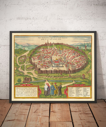 Alte Karte von Jerusalem, 1582 von Georg Braun - Jüdisches & Islamisches Altstadt, Tempelberg, Stadtmauern, Davidsturm, Jaffator 
