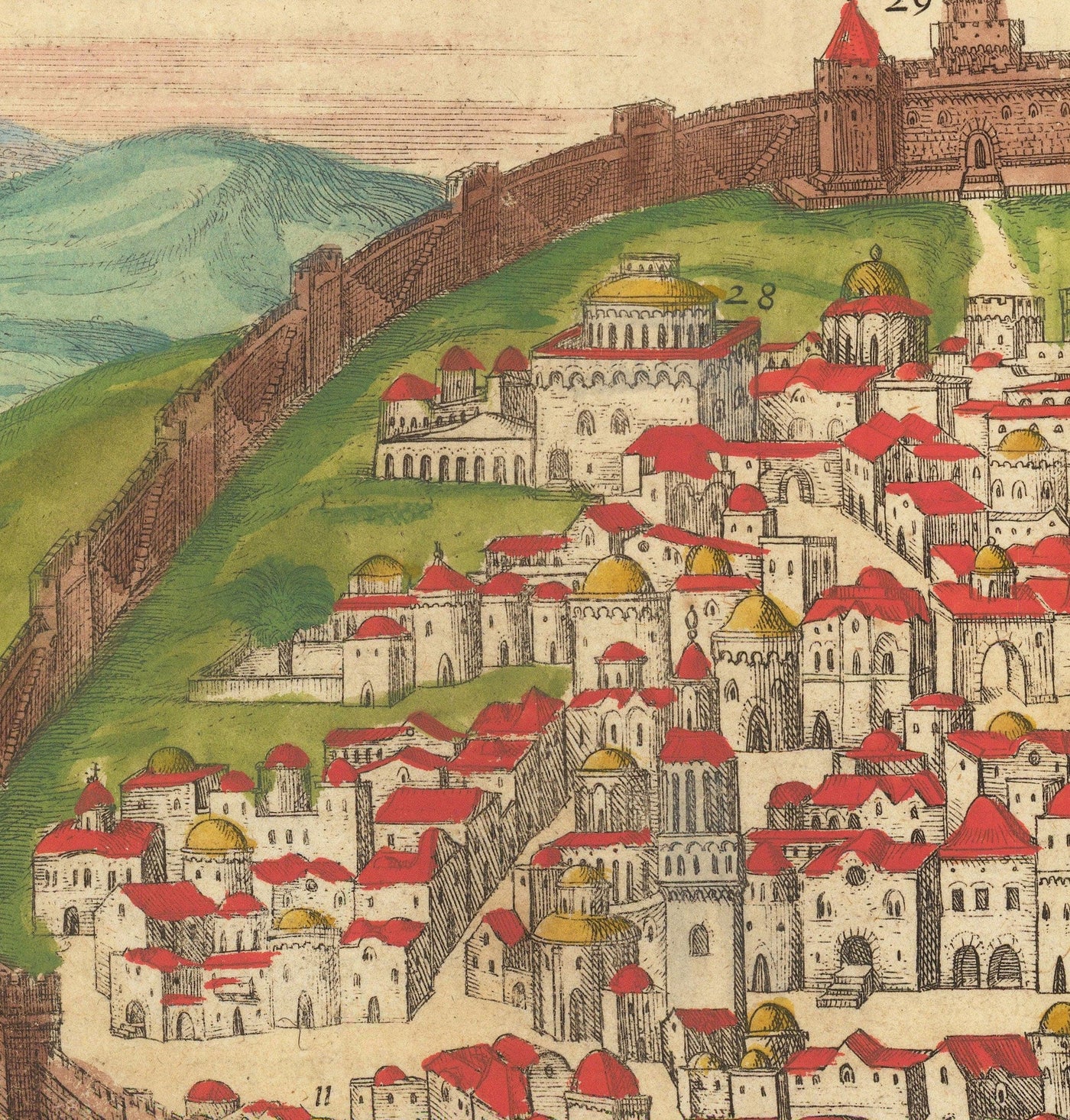 Viejo mapa de Jerusalén, 1582 de Georg Braun - Ciudad vieja de Judía y Islam, Monte del templo, Muros de la ciudad, Torre de David, Puerta de Jaffa
