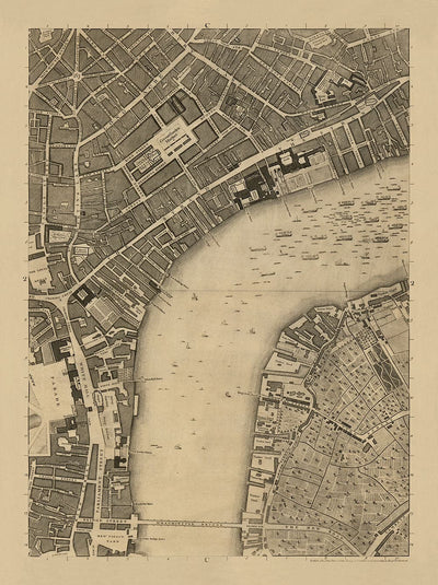 Mapa antiguo de Londres, 1746 por John Rocque - C2 - Somerset House Covent Garden Siete Dials Waterloo, Charring Cross, Westminster Lambeth