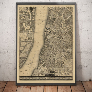 Mapa antiguo de Londres, 1746 por John Rocque, C3 - Lambeth, Vauxhall, Westminster, Parlamento, Millbank, Kennington, Marismas